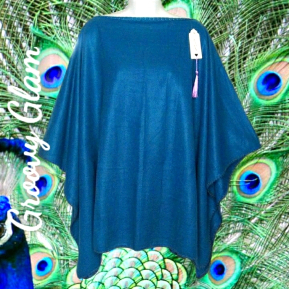 GROOVY GLAM Peacock Blue Handmade Classic Fleece Poncho